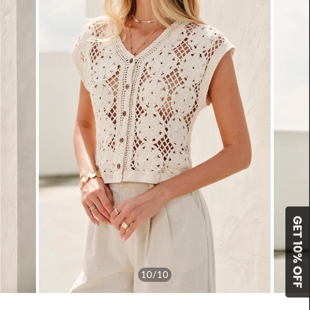 Commense Cream Crochet Button-Front Sleeveless Cardigan - Picture 8 of 11